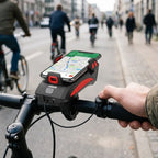 4-in-1 Fahrradlampe mit Handyhalterung, Powerbank und Hupe – USB aufladbar, IPX4