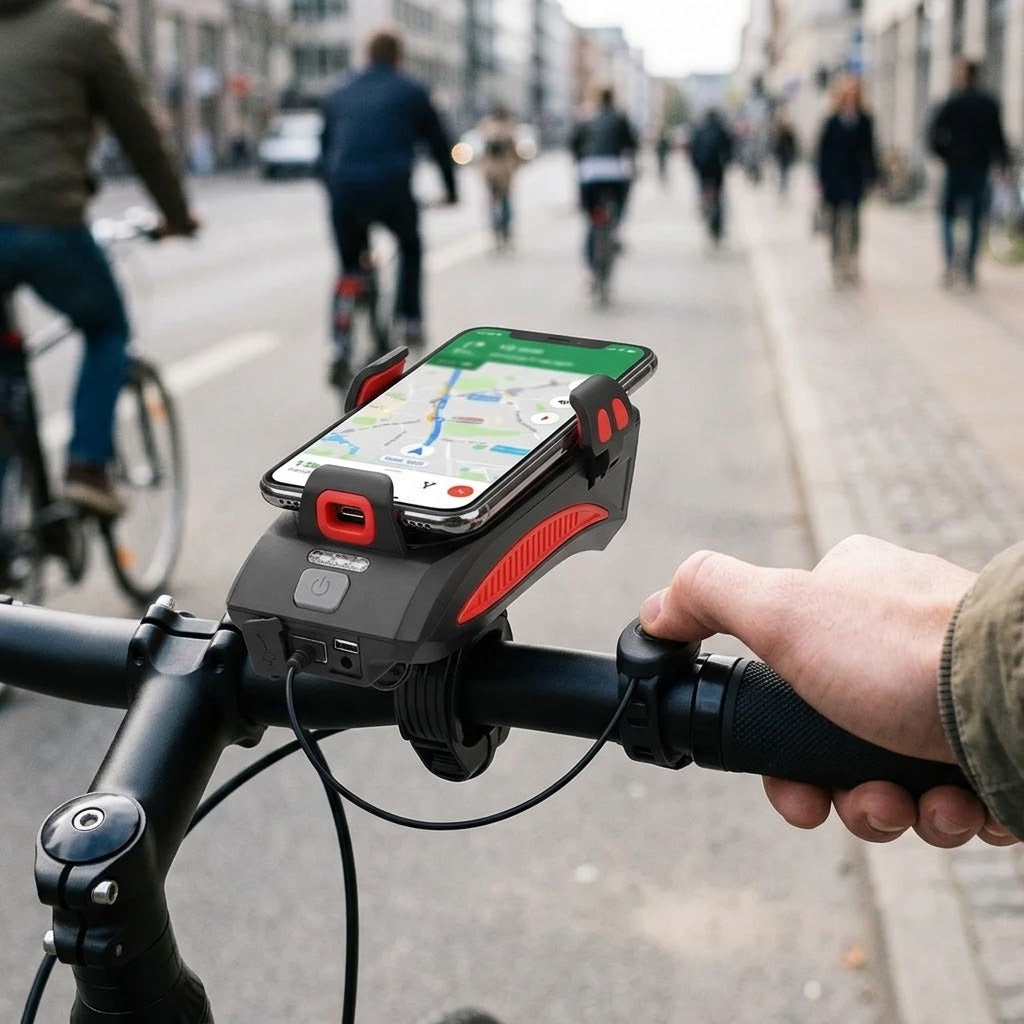 4-in-1 Fahrradlampe mit Handyhalterung, Powerbank und Hupe – USB aufladbar, IPX4