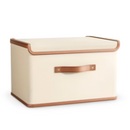 Foldable storage box with lid and leather handles