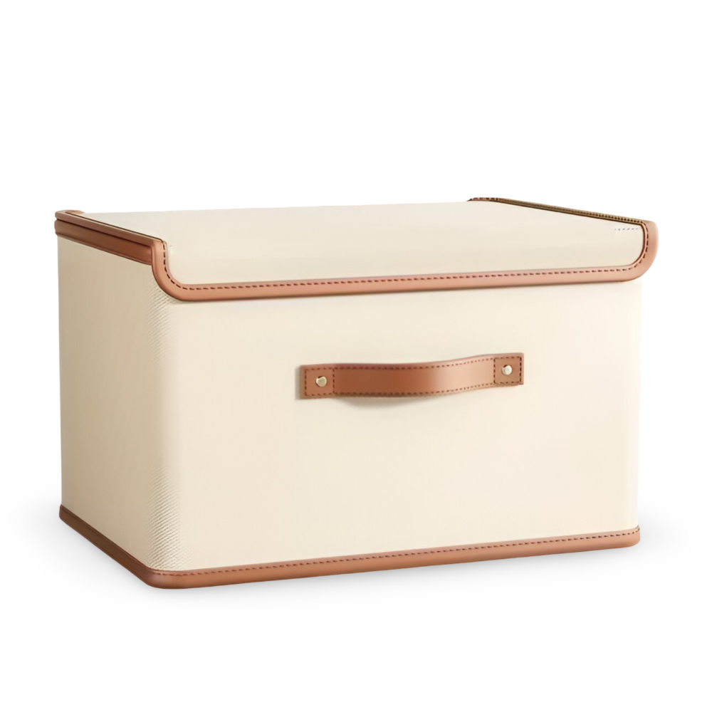 Foldable storage box with lid and leather handles