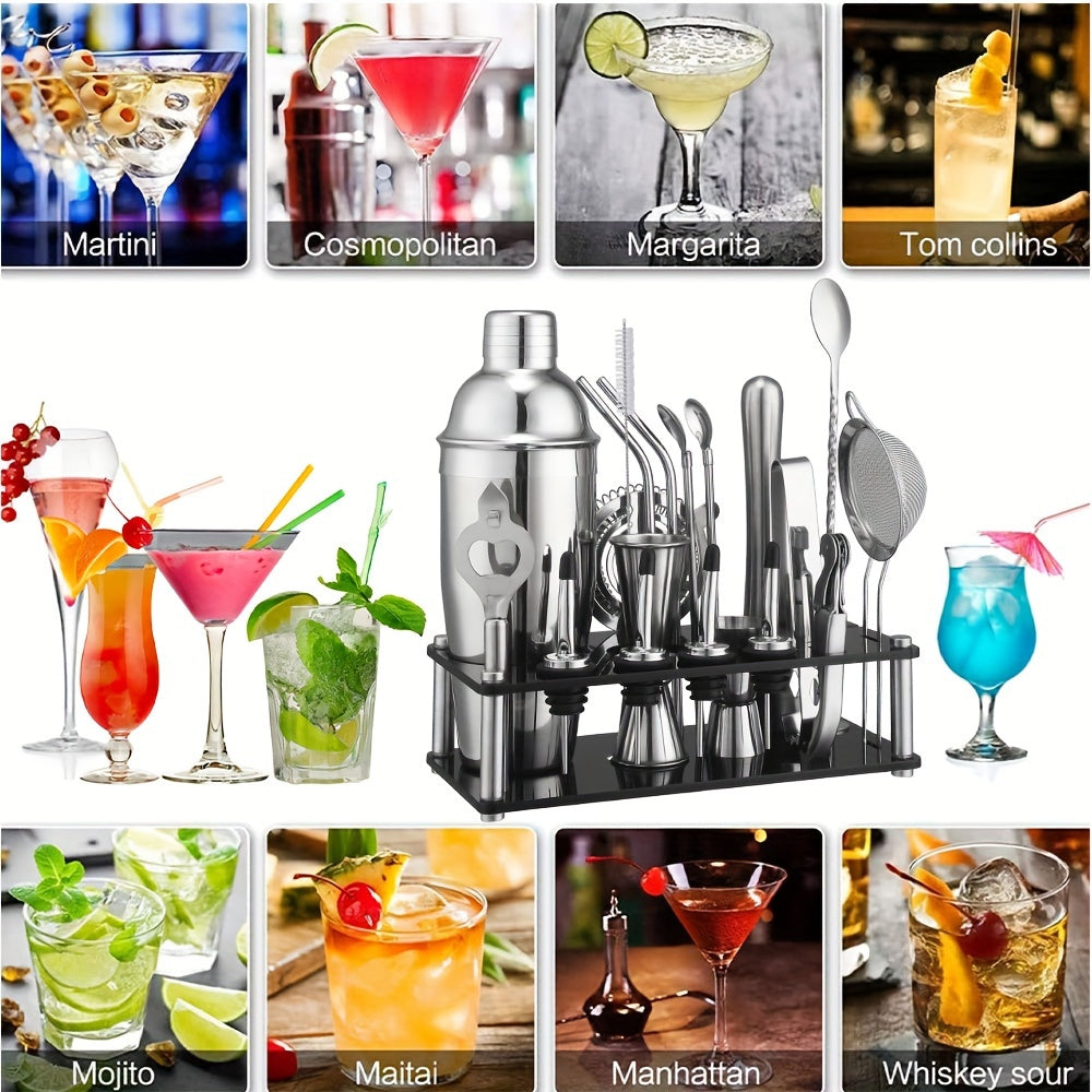 Stainless Steel Cocktail Set with 20 Bar Tools and Acrylic Stand