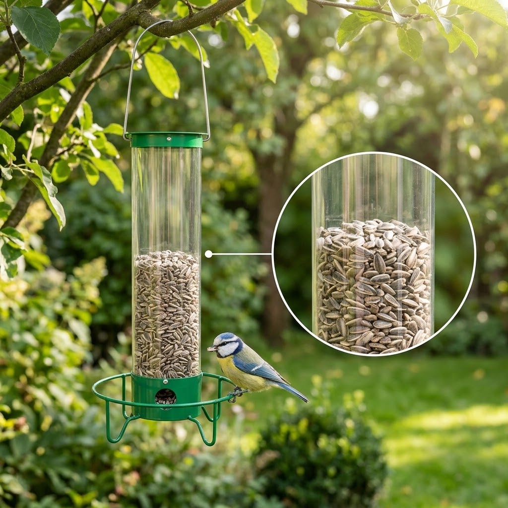 Futtersäule für Wildvögel mit Sitzring und transparenter Röhre