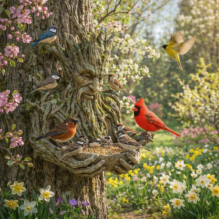 Baumgesicht-Vogelfutterstelle mit Schale – Wetterfest