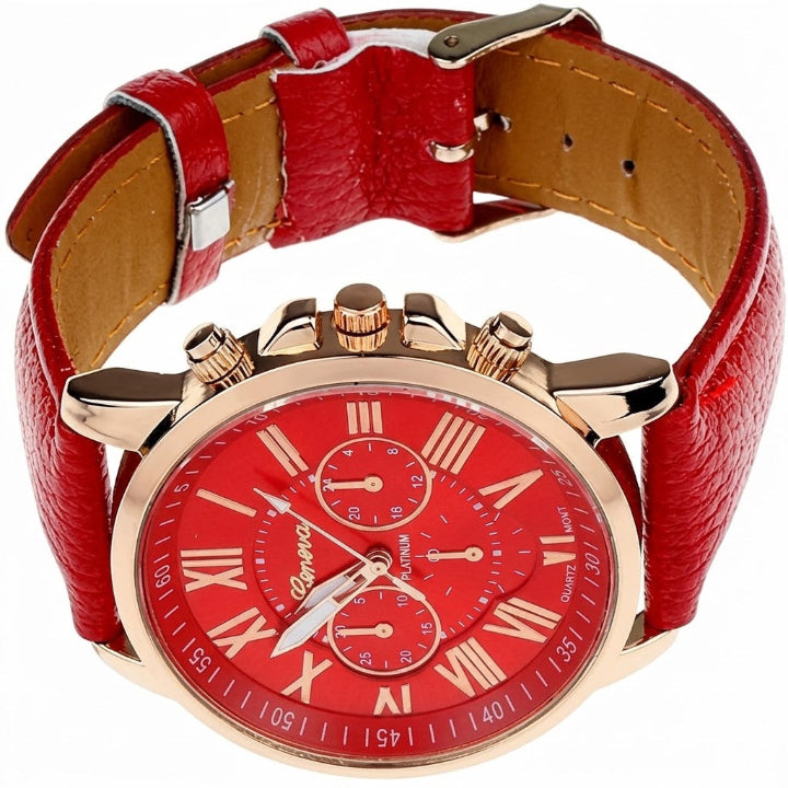 Women's watch with genuine leather strap, Roman numeral dial, and date display, Ø 42 mm