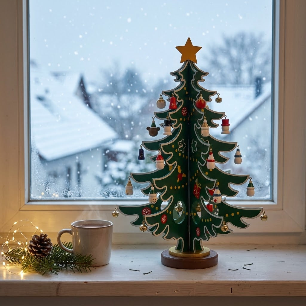 Advent calendar with wooden Christmas tree to decorate, 24 wooden ornaments
