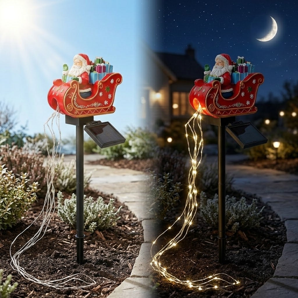 Solar-Gartenstecker Weihnachtsmann im Schlitten oder Rentier – mit funkelndem LED-Lichterschweif