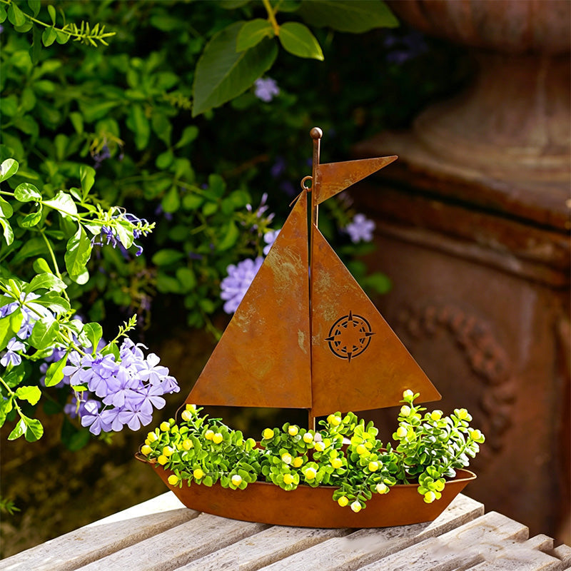 Segelboot-Pflanztopf Rost-Optik aus Eisen für Maritime Garten-Dekoration