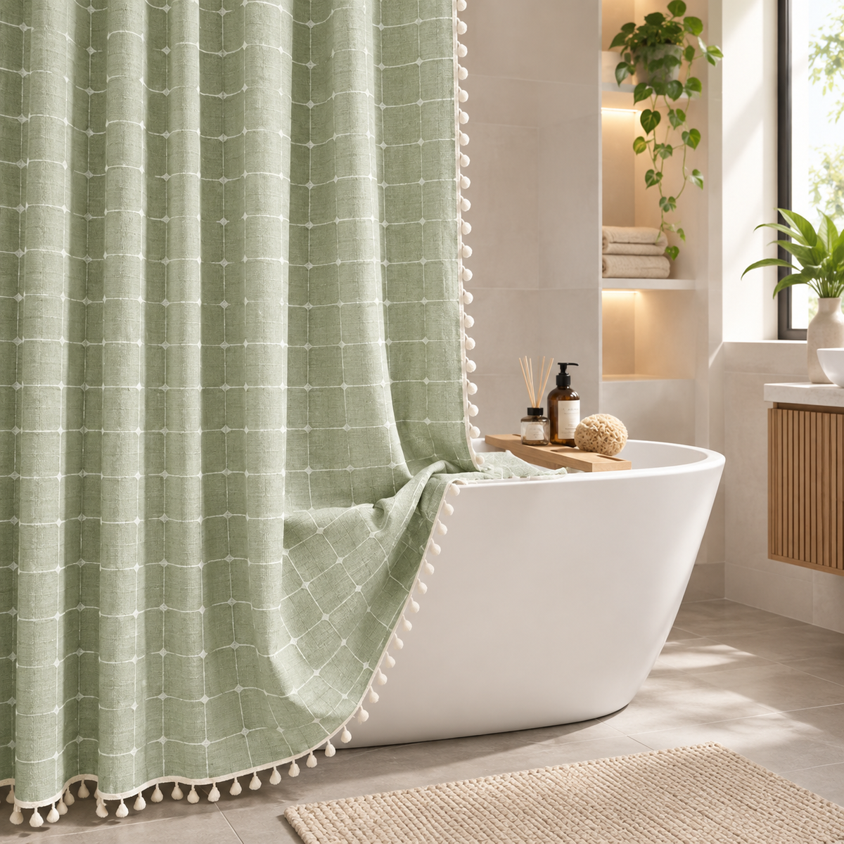 Duschvorhang Leinenoptik mit Quasten – Boho Landhausstil