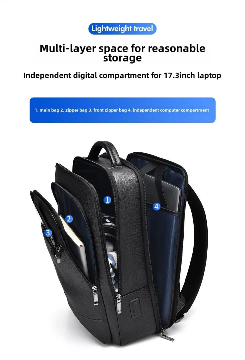 Leather backpack with USB charging port for 15.6-inch laptop
