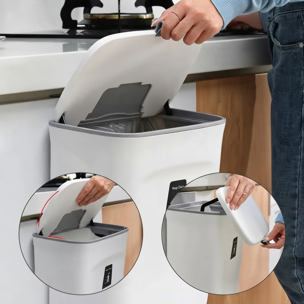 Hanging kitchen trash bin with lid for cabinet doors