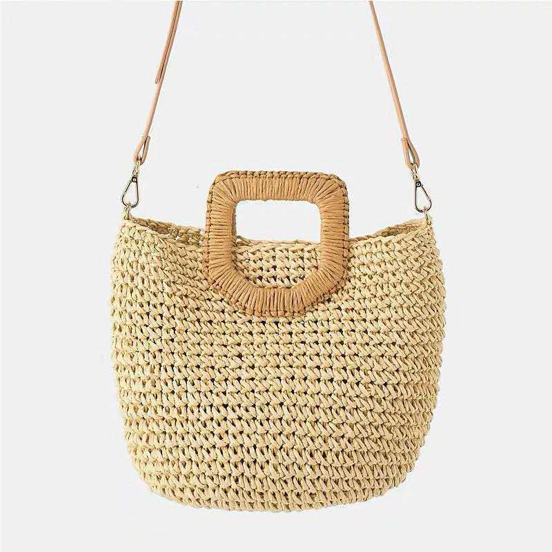 Straw Beach Bag with Wooden Handle – Woven, Spacious