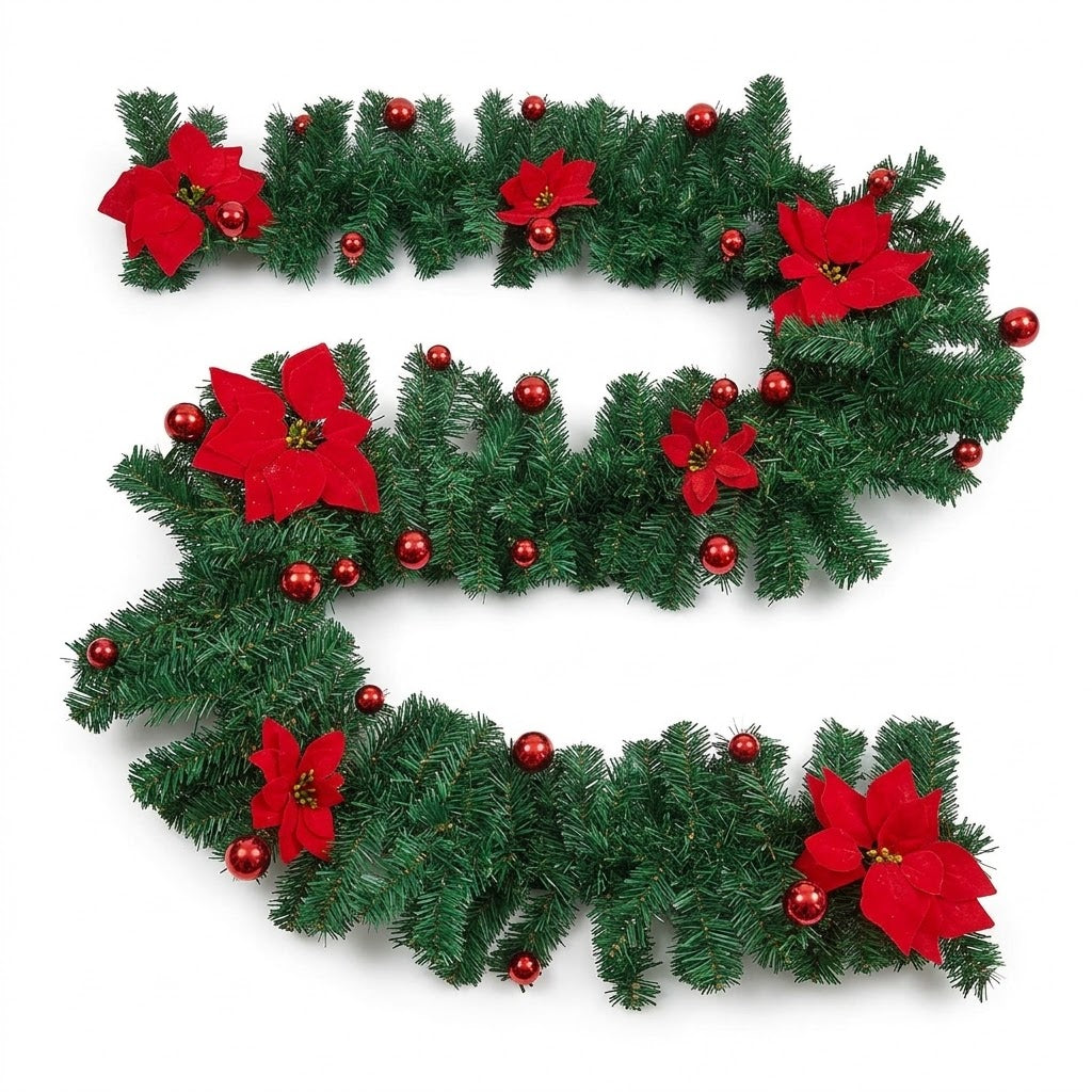 Christmas garland 2.7 m with fir branches, poinsettias & baubles