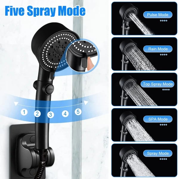 High-pressure shower head with 5 spray types and self-cleaning function