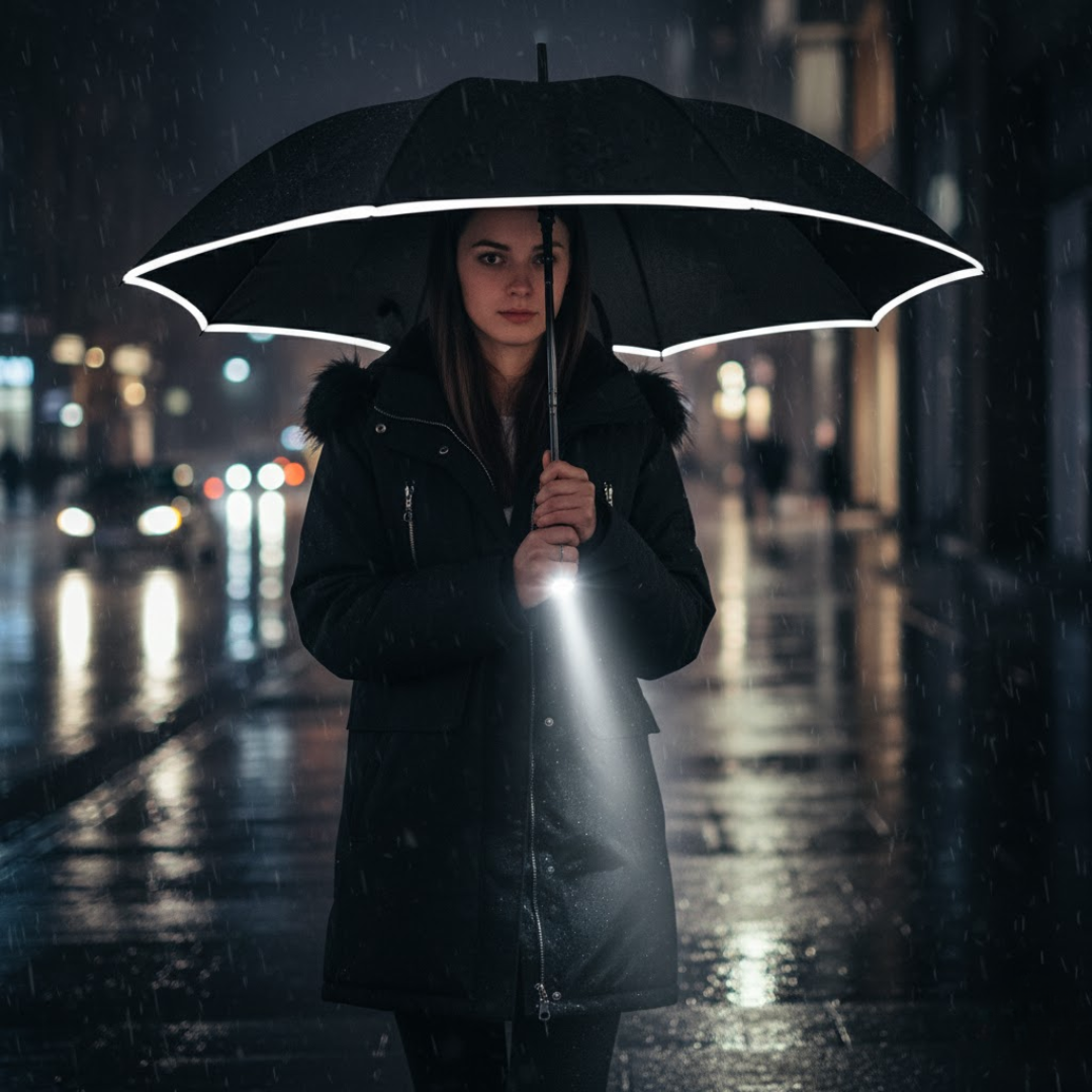 Stormproof umbrella with LED lighting and automatic mechanism