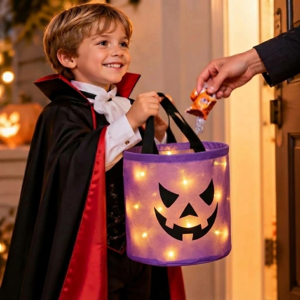 LED pumpkin basket for Halloween with handle