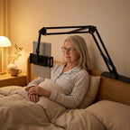 Tablet and phone holder for bed with spring arm - headboard mounting plate, for devices 15–25 cm