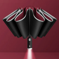 Stormproof umbrella with LED lighting and automatic mechanism