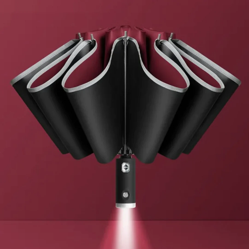 Stormproof umbrella with LED lighting and automatic mechanism