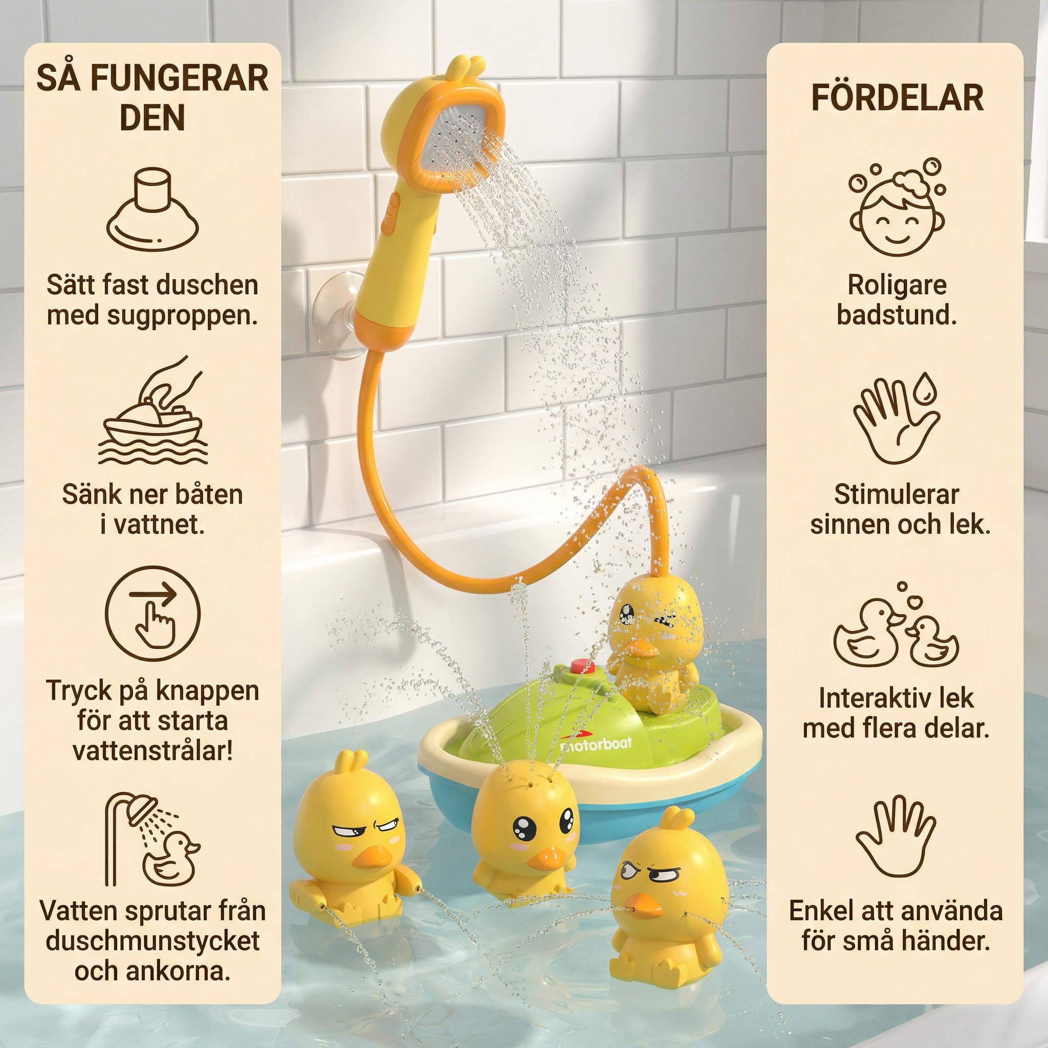 Bath toy boat with shower head – interactive water play