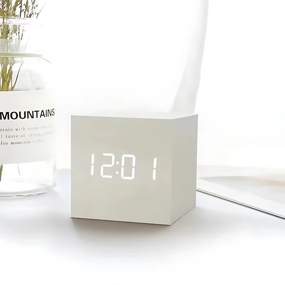 Digital LED cube alarm clock with temperature display