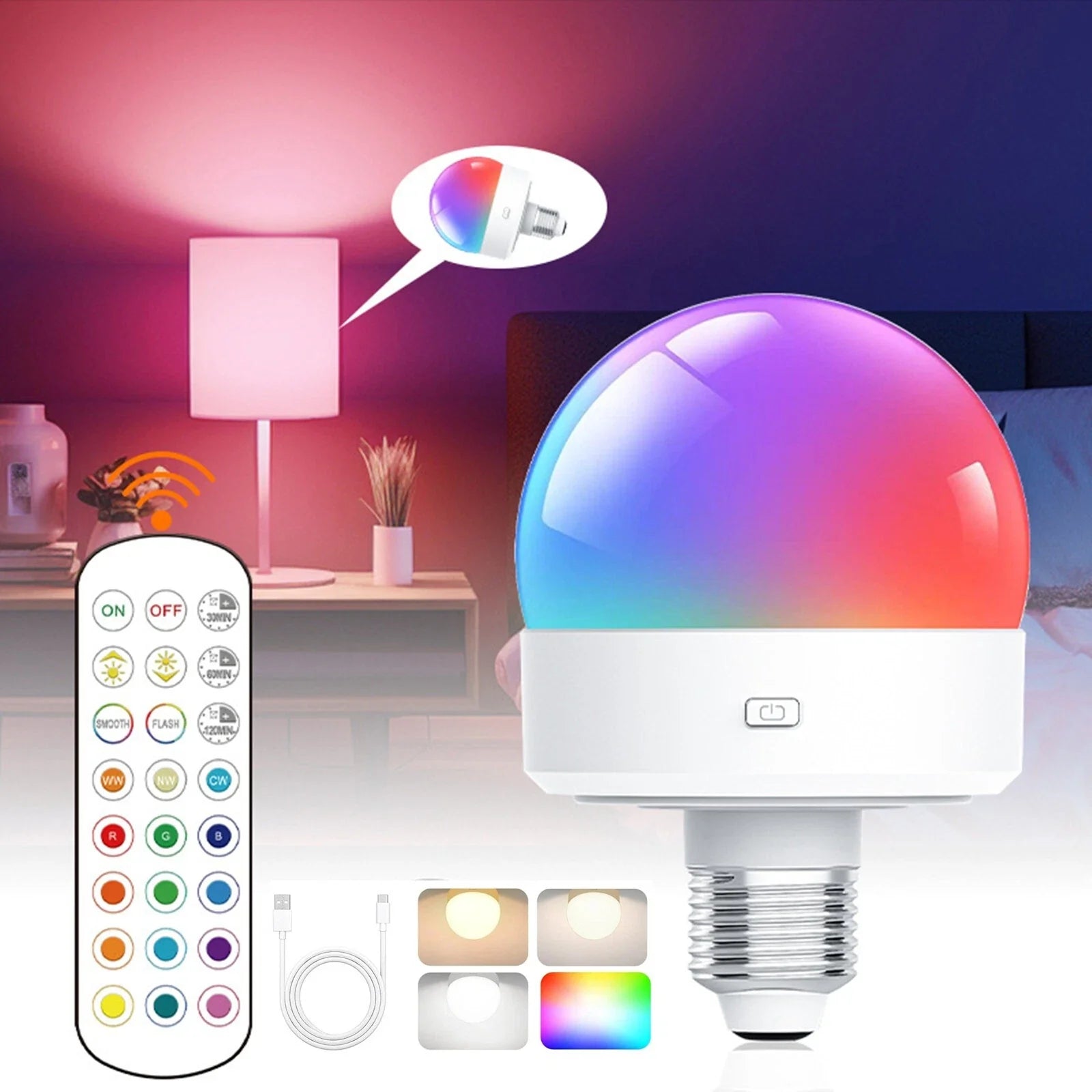 Rechargeable RGB LED Lamp E27 with Remote Control – No Wiring Needed
