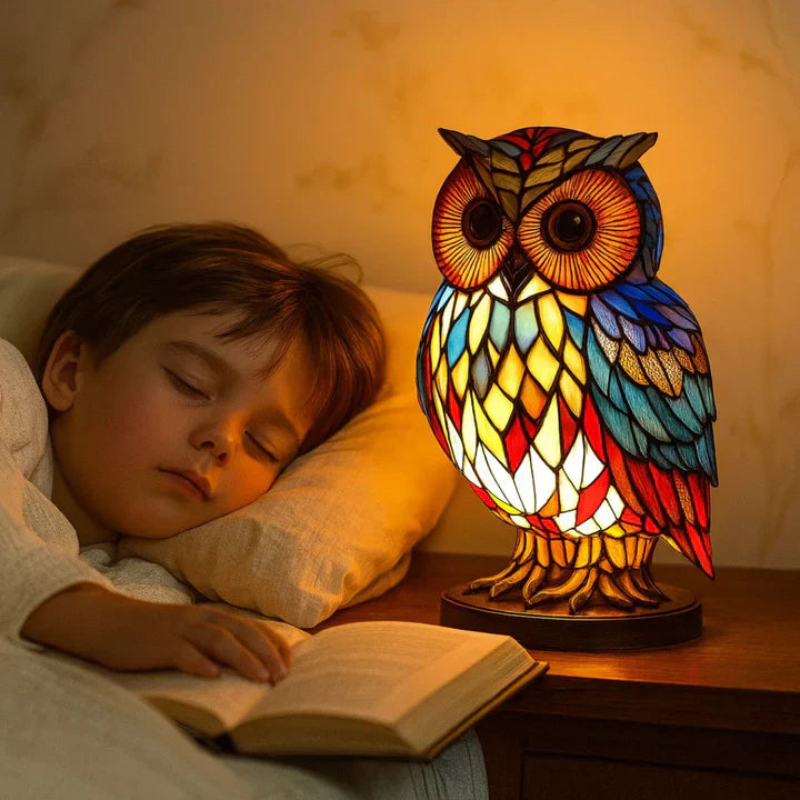 Tischlampe Uil Buntglas – warmweißes LED-Licht für Wohnzimmer