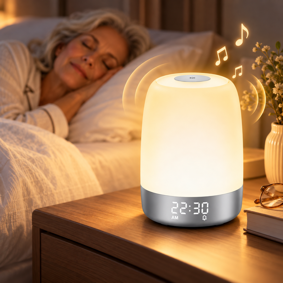 Nachttischlampe mit Wecker und Farbwechsel-Licht