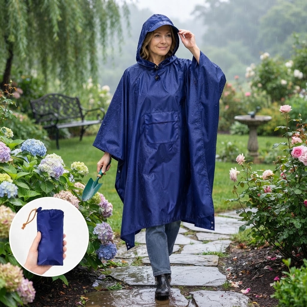 Regenponcho mit Kapuze und Fronttasche, faltbar – 210 × 140 cm