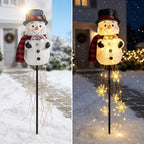 Solar snowman garden stake with light-up globe & snowflake string lights, warm white