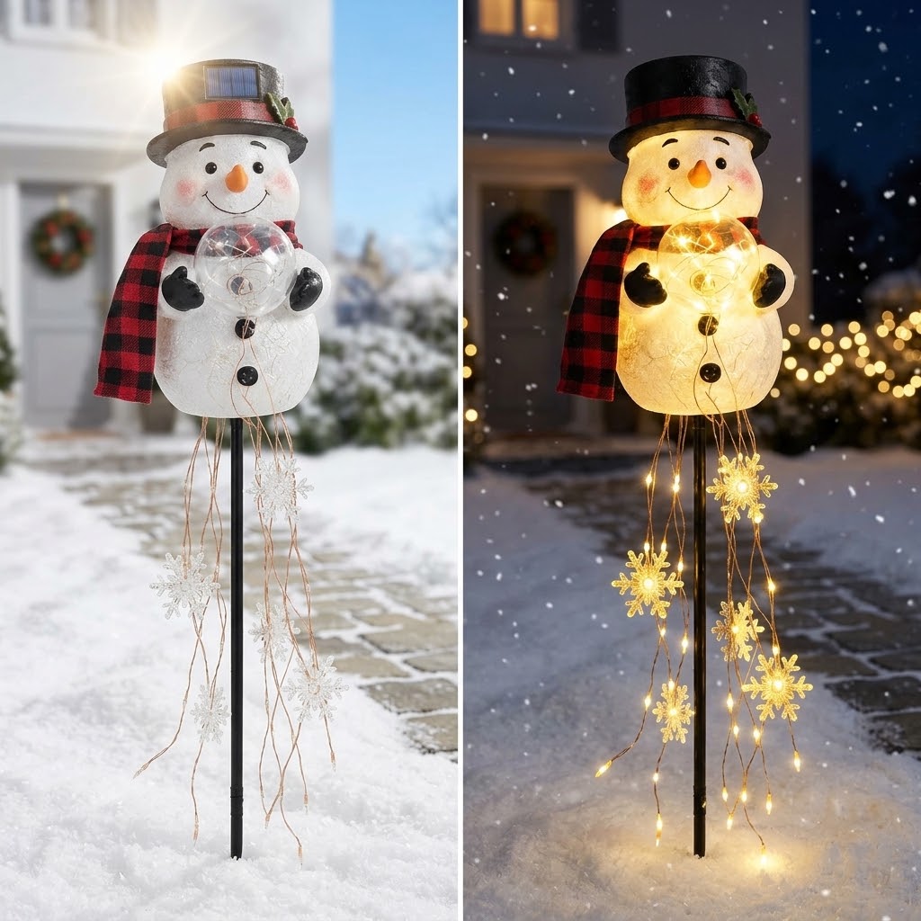 Solar snowman garden stake with light-up globe & snowflake string lights, warm white