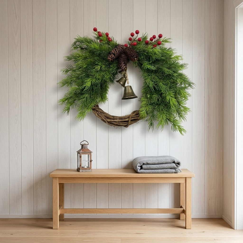 Country-style Christmas wreath with pinecones, berries, and bells, approx. 45 cm