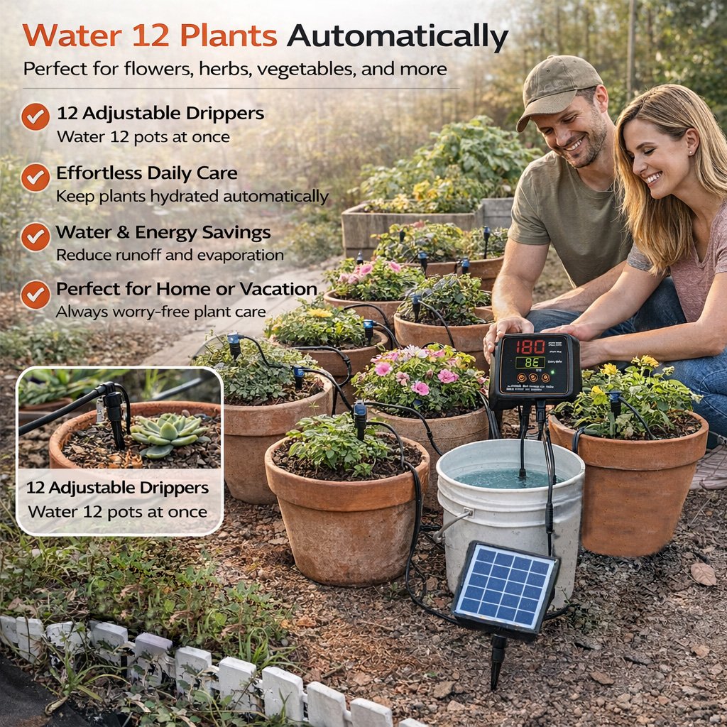 Solar watering system for 12 plants with digital timer