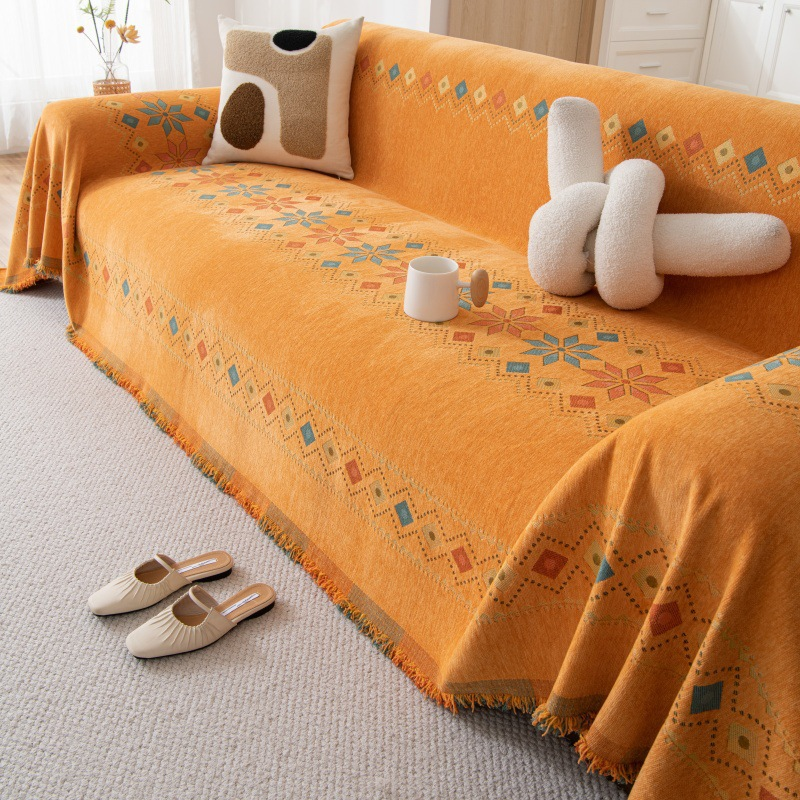 Chenille Sofa Cover with Fringes – Reversible, Geometric Pattern