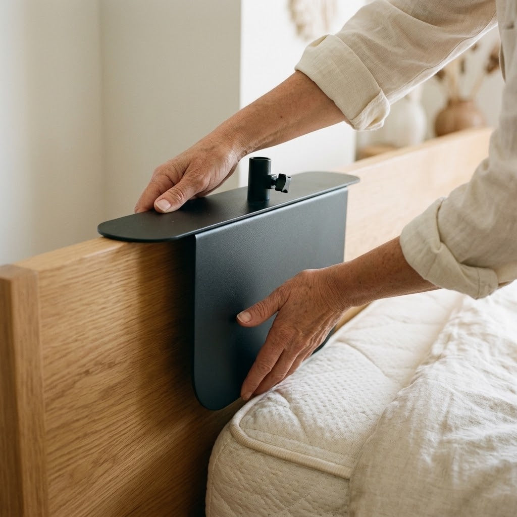 Tablet and phone holder for bed with spring arm - headboard mounting plate, for devices 15–25 cm