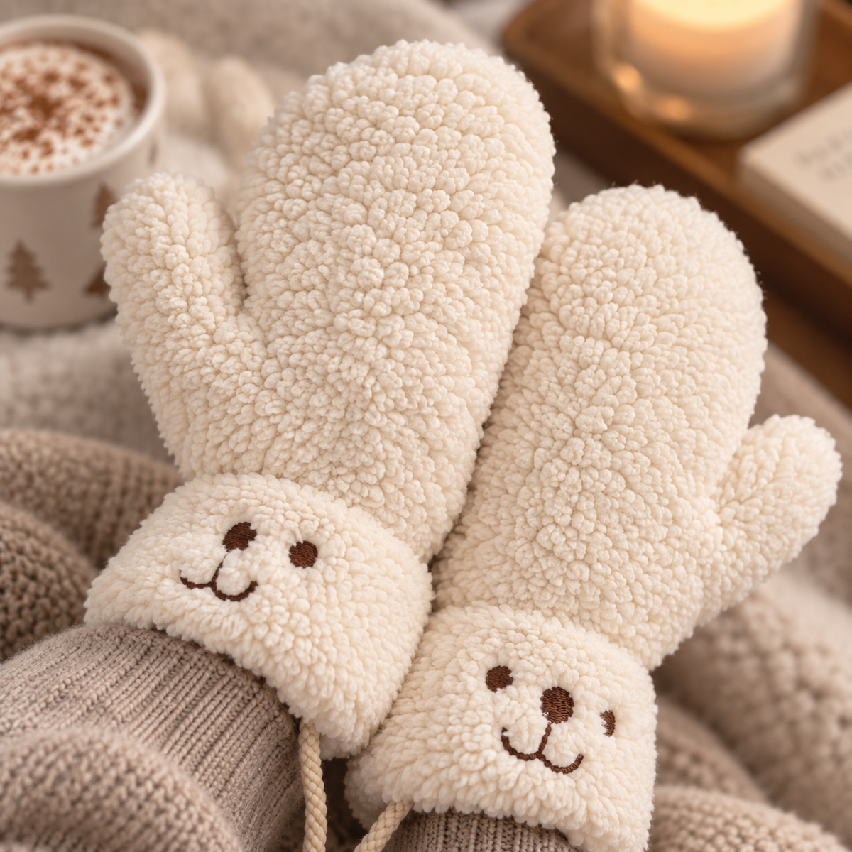 Plüsch-Handschuhe mit verstellbarem Kordelzug