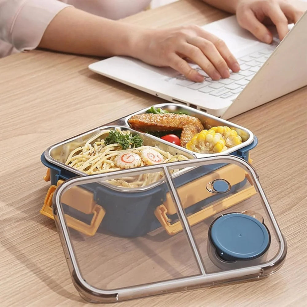Lunchbox Edelstahl mit 3 Fächern und Saucenbehälter