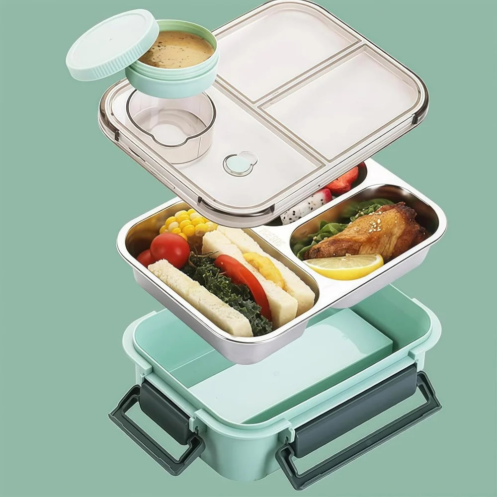 Lunchbox Edelstahl mit 3 Fächern und Saucenbehälter