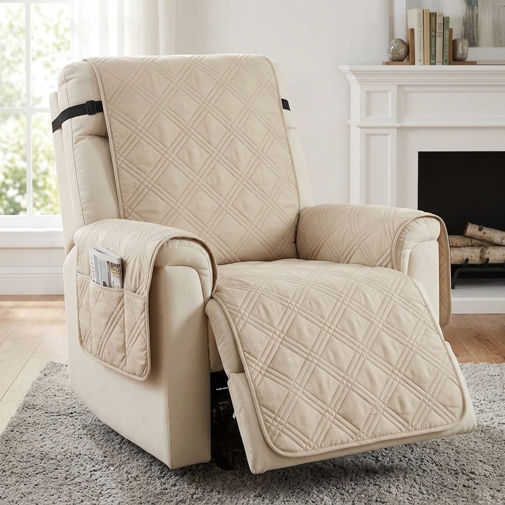 Sesselschoner für Relaxsessel mit 2 Seitentaschen, waschbar – 232 × 63 cm
