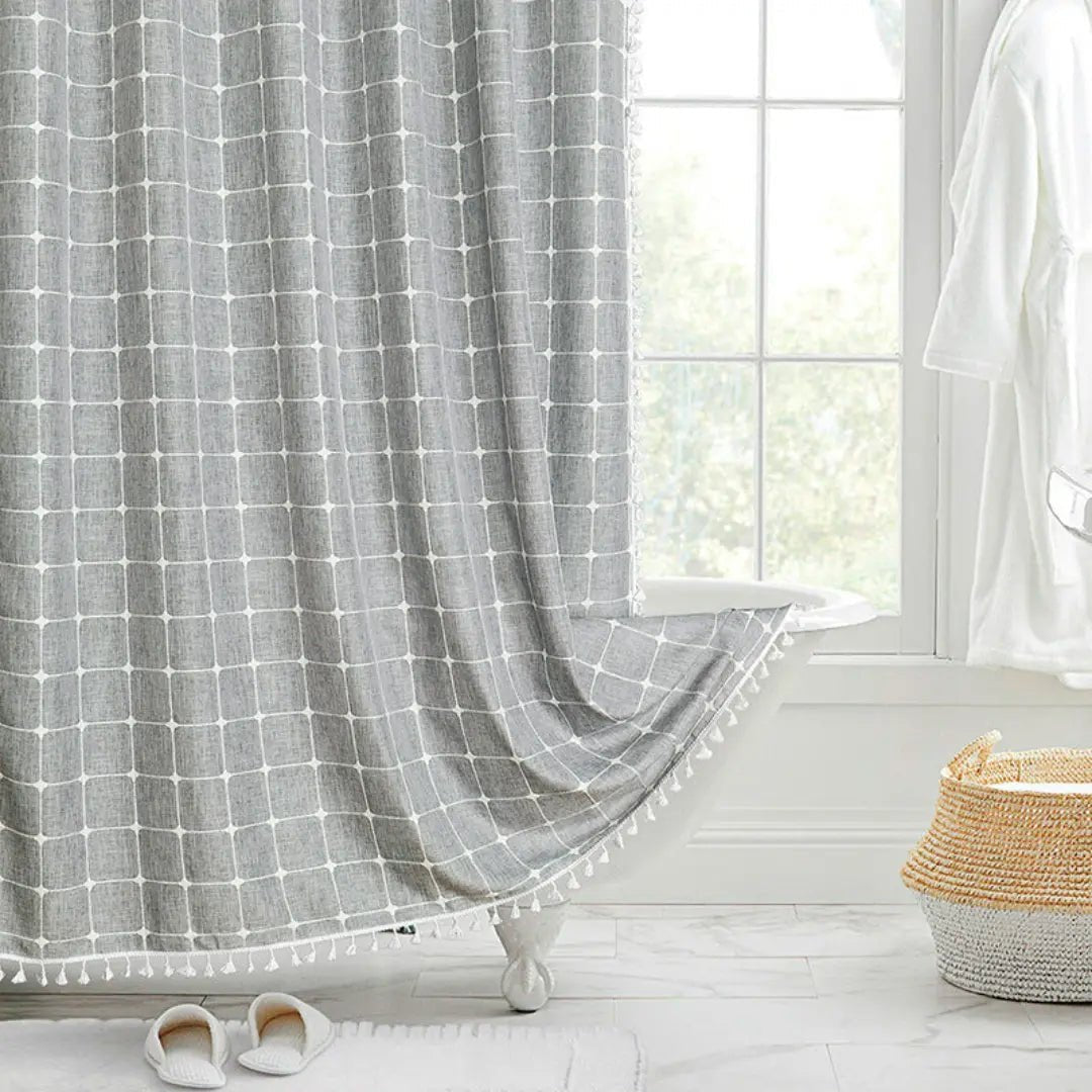 Duschvorhang Leinenoptik mit Quasten – Boho Landhausstil