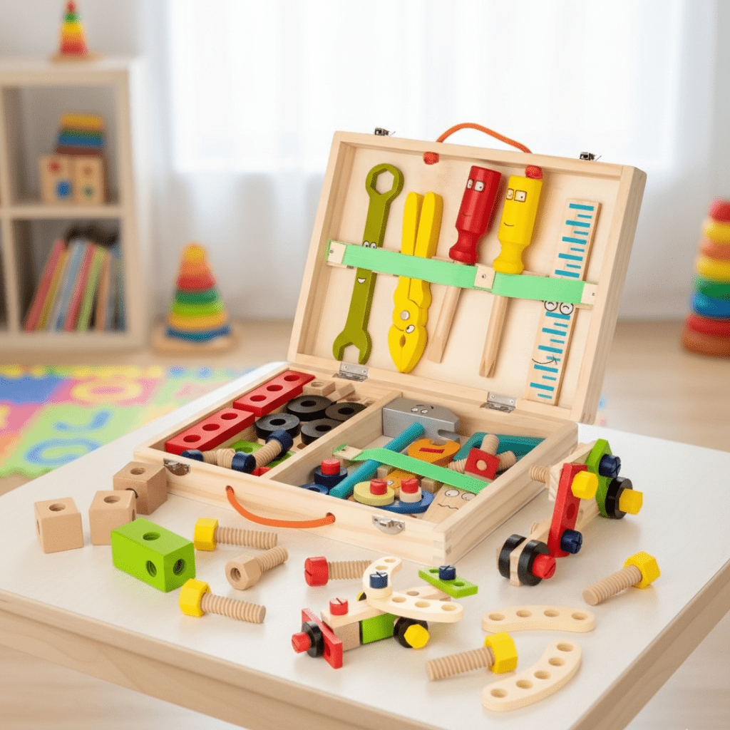 Holz-Werkzeugkoffer Montessori mit buntem Zubehör
