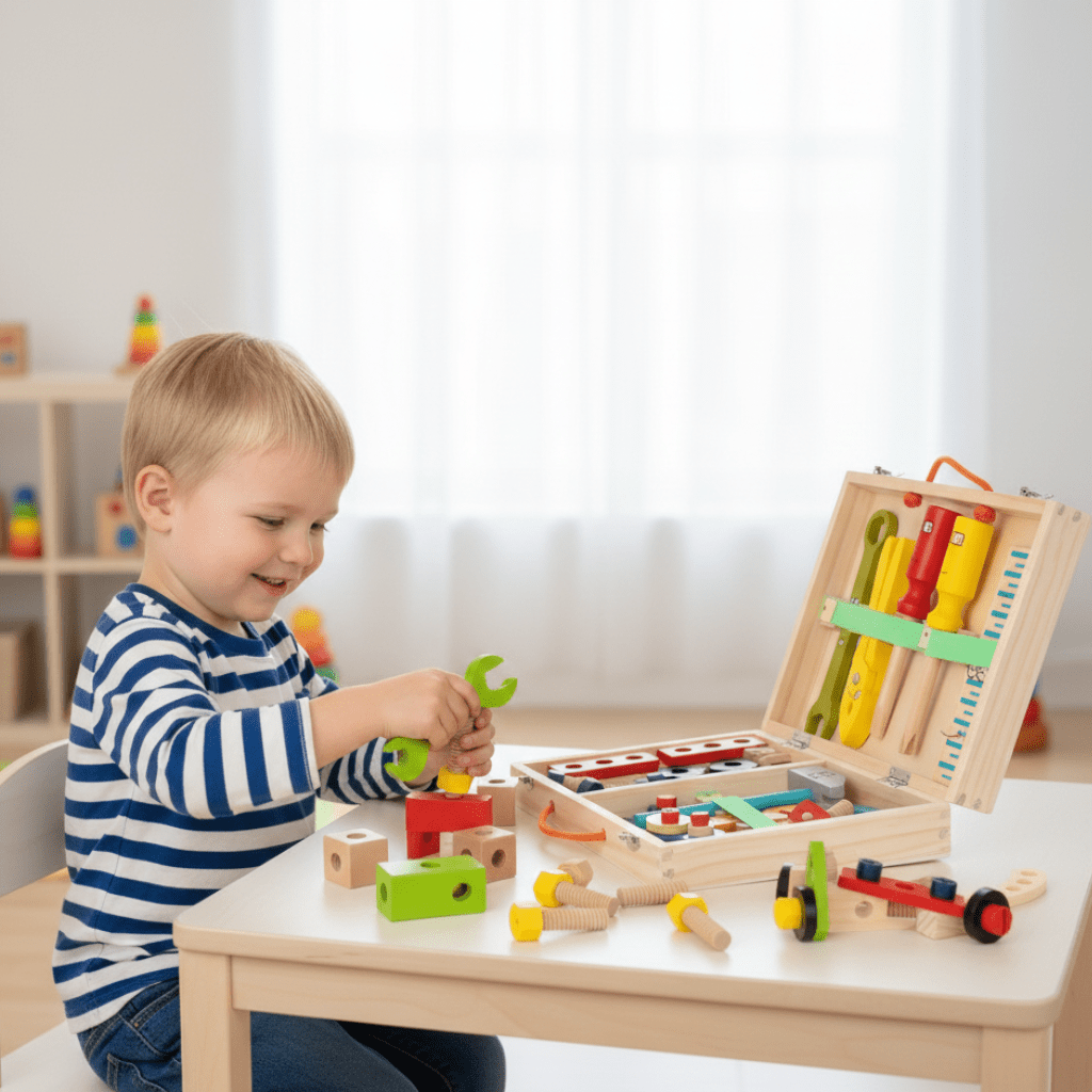 Holz-Werkzeugkoffer Montessori mit buntem Zubehör