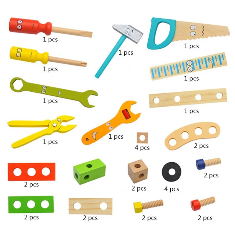 Holz-Werkzeugkoffer Montessori mit buntem Zubehör