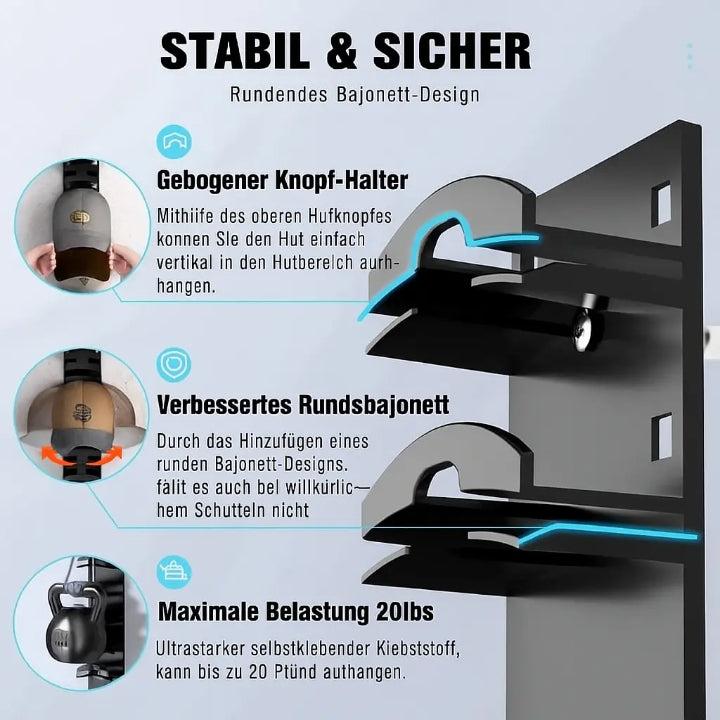 Cap-Organizer für die Wand – 10 Caps griffbereit, keine verknickten Schirme mehr -   Mivoza Deutschland