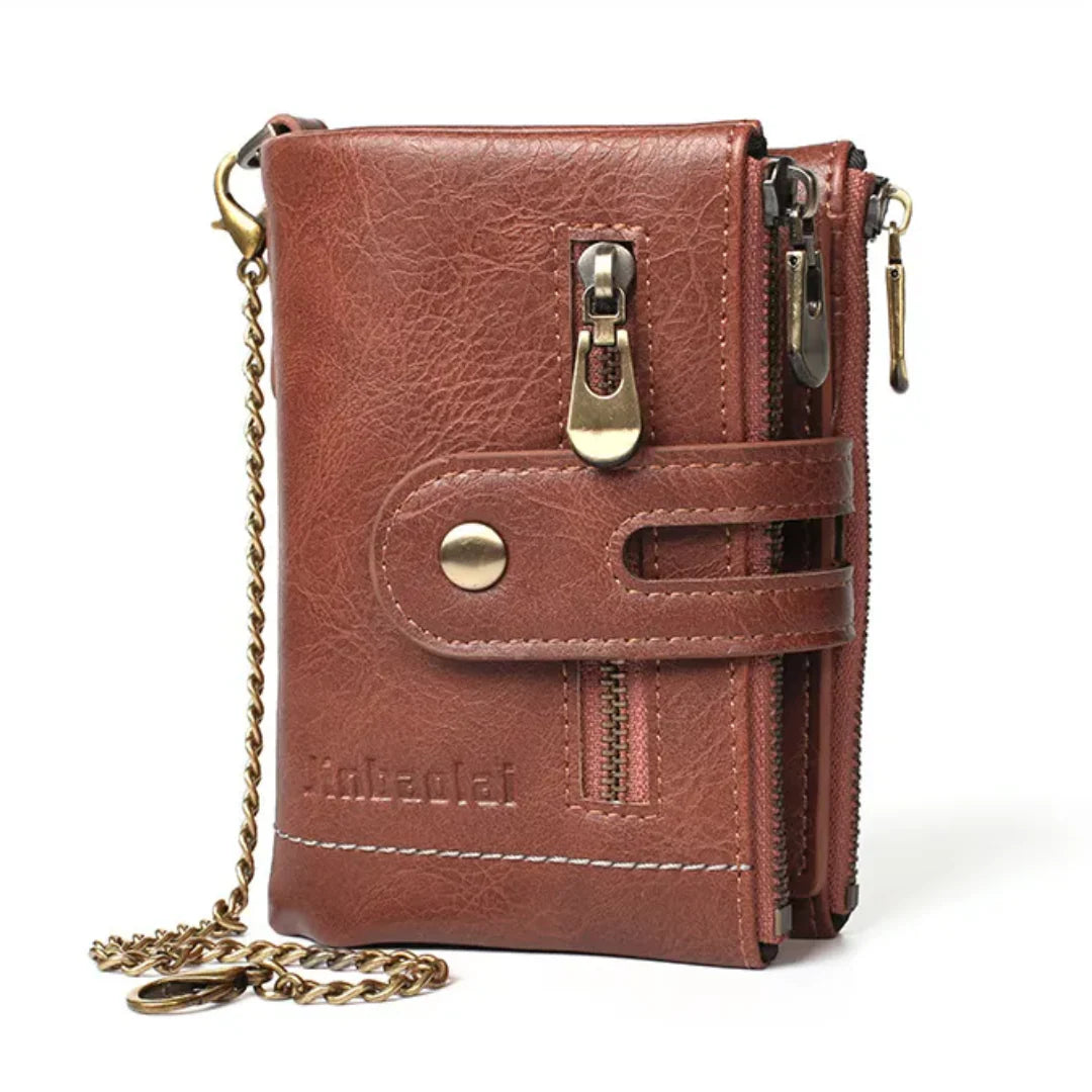Retro-Lederbrieftasche mit Kette – 13 Kartenfächer & Doppelreißverschluss
