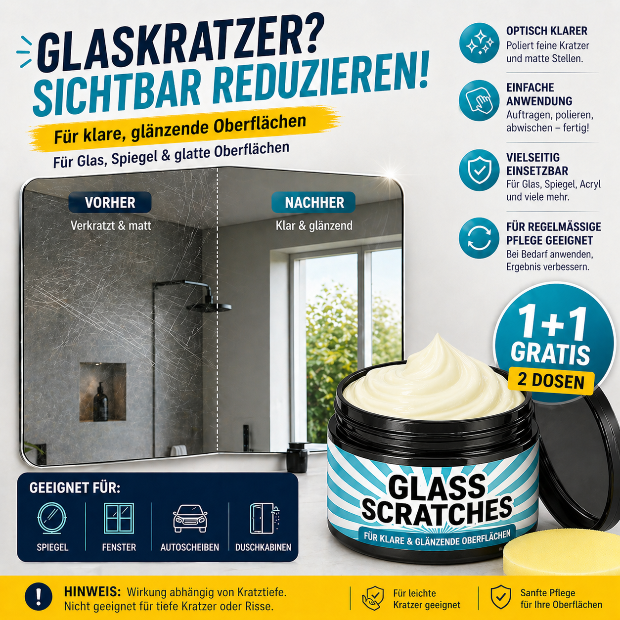 Glass Scratch Remover Cream 2x30g for Windows and Cars