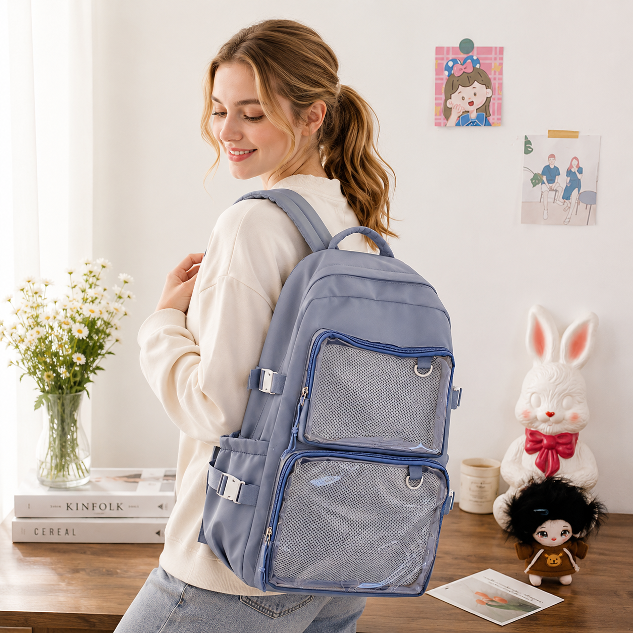 Transparenter Rucksack mit Pin-Fächern – Schulrucksack im japanischen Stil
