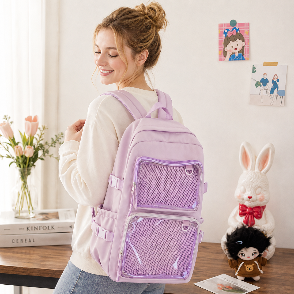 Transparenter Rucksack mit Pin-Fächern – Schulrucksack im japanischen Stil