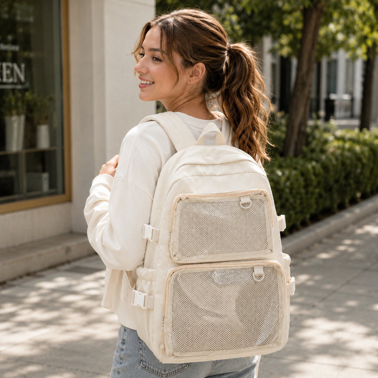 Transparenter Rucksack mit Pin-Fächern – Schulrucksack im japanischen Stil
