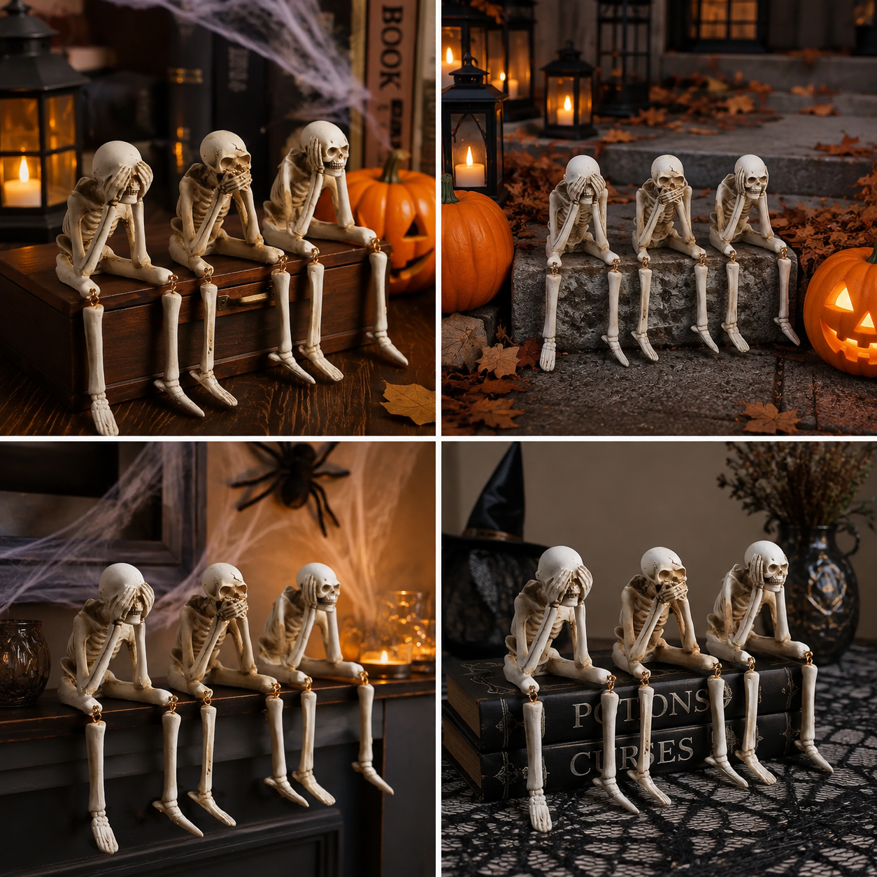 3-teiliges Set mit Skelettfiguren: Herbstliche Dekoration für den Kaminsims