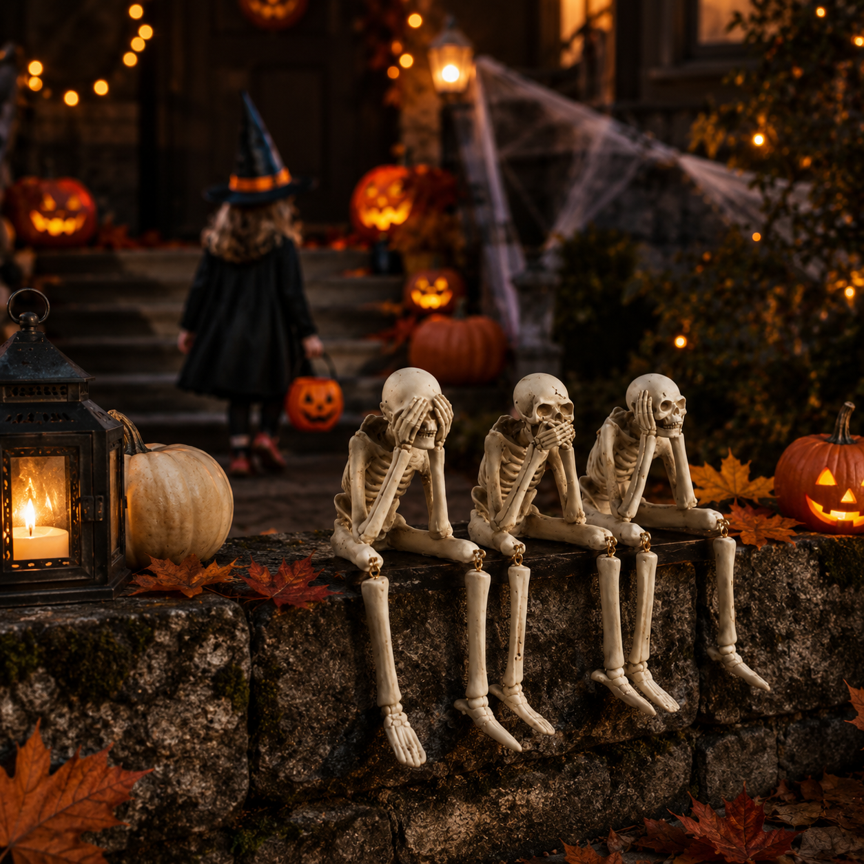 3-teiliges Set mit Skelettfiguren: Herbstliche Dekoration für den Kaminsims